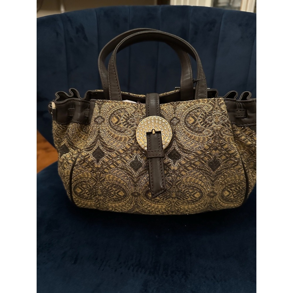 Donald J Pliner Gold Brocade Finesse Satchel Buckle Detail‎ Handbag Purse